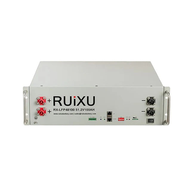 A 3U rack-mounted RUIXU server battery module with various ports and labels on the front panel.