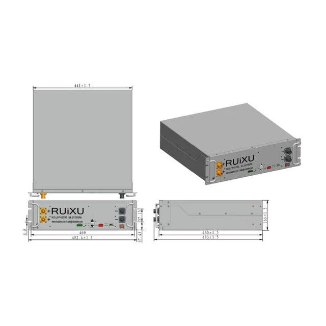 A 3U rack-mounted RUIXU server battery module with various ports and labels on the front panel.