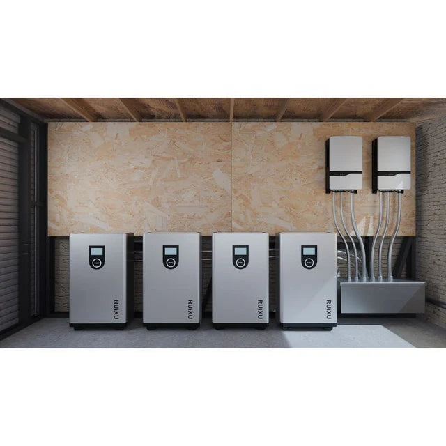 A silver RUiXU Lithi2-16 Battery Energy Storage IP65 outdoor unit with a digital display and wheels for mobility, designed for use in solar energy systems.