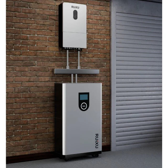 A silver RUiXU Lithi2-16 Battery Energy Storage IP65 outdoor unit with a digital display and wheels for mobility, designed for use in solar energy systems.