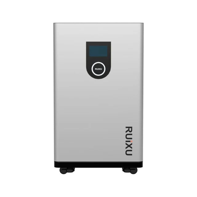 A silver RUiXU Lithi2-16 Battery Energy Storage IP65 outdoor unit with a digital display and wheels for mobility, designed for use in solar energy systems.