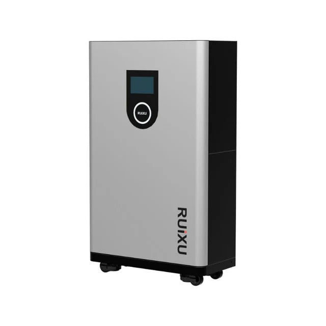 A silver RUiXU Lithi2-16 Battery Energy Storage IP65 outdoor unit with a digital display and wheels for mobility, designed for use in solar energy systems.
