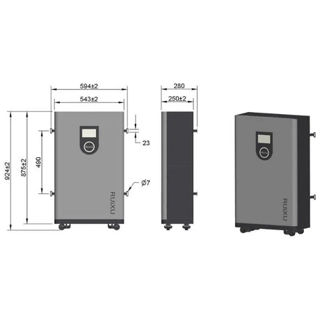 A silver RUiXU Lithi2-16 Battery Energy Storage IP65 outdoor unit with a digital display and wheels for mobility, designed for use in solar energy systems.