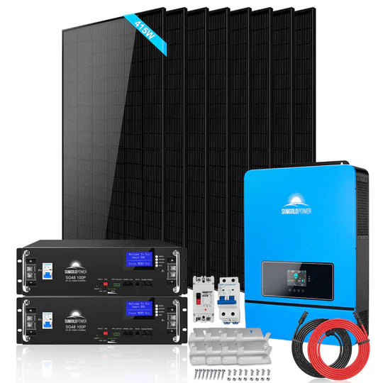 An off-grid solar system kit including a blue inverter, black solar panels, a black charge controller, and red and black cables.