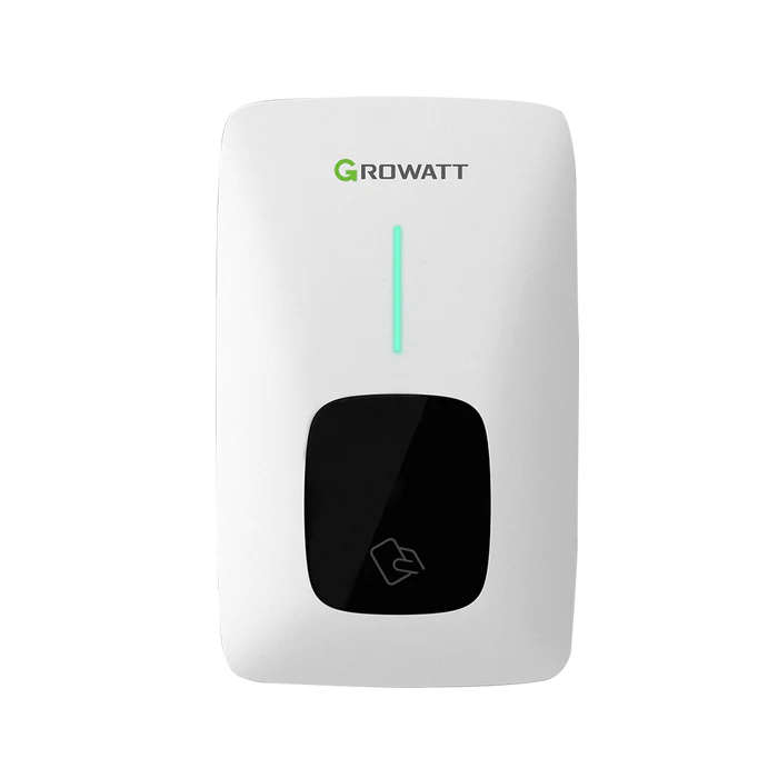 White electronic device with a black screen and green indicator light on a white background, featuring the Growatt logo.