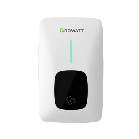 White electronic device with a black screen and green indicator light on a white background, featuring the Growatt logo.