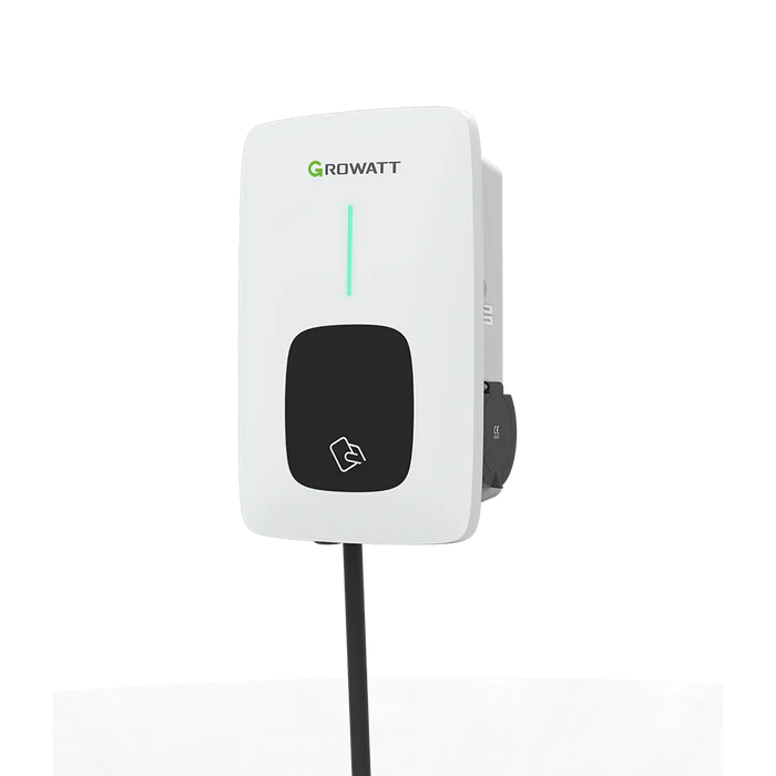 White power adapter with black square and green logo on a white background