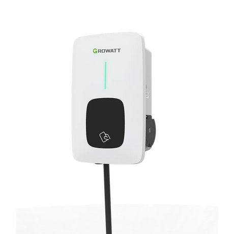 White power adapter with black square and green logo on a white background