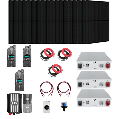 An array of black solar panels along with various components of an off-grid solar kit including inverters, charge controllers, cables, and other accessories.