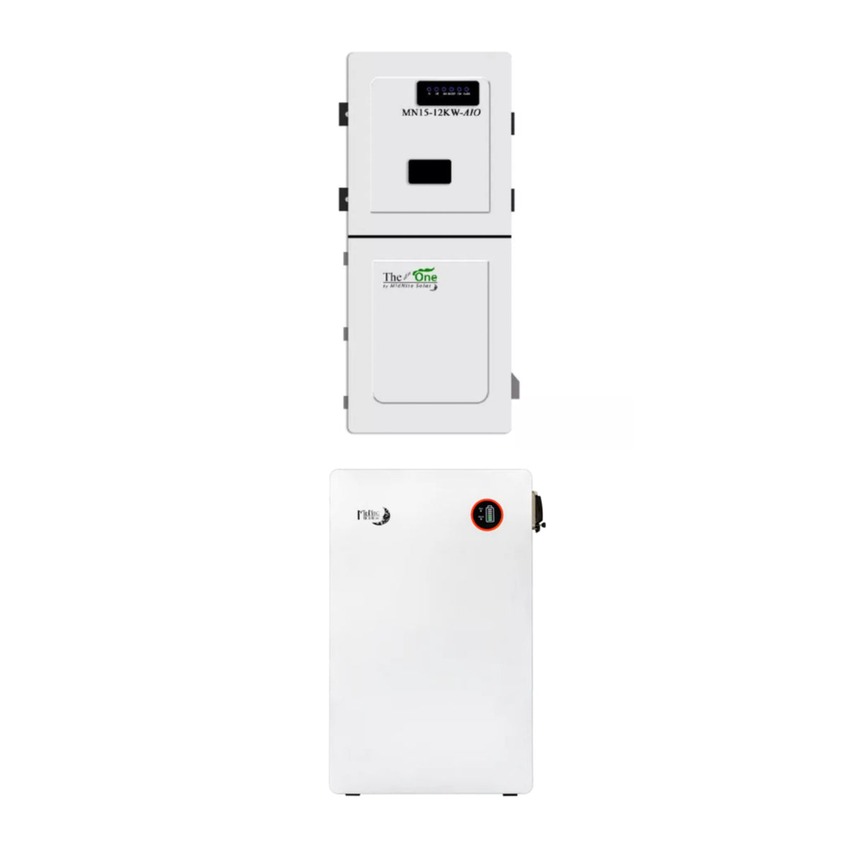 An image showing two items, a white MidNite Solar TheOne 15kW PV Input inverter and a MNPowerflo16 battery, both designed for solar energy storage and distribution.