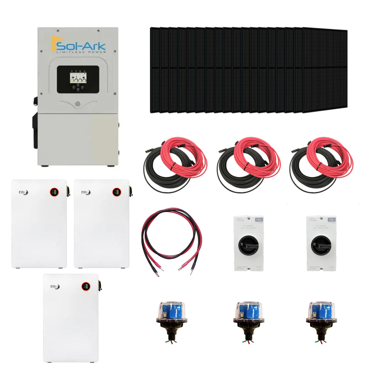 Complete Hybrid Solar Kit, with solar panel system with inverters, cables, and connectors on a white background
