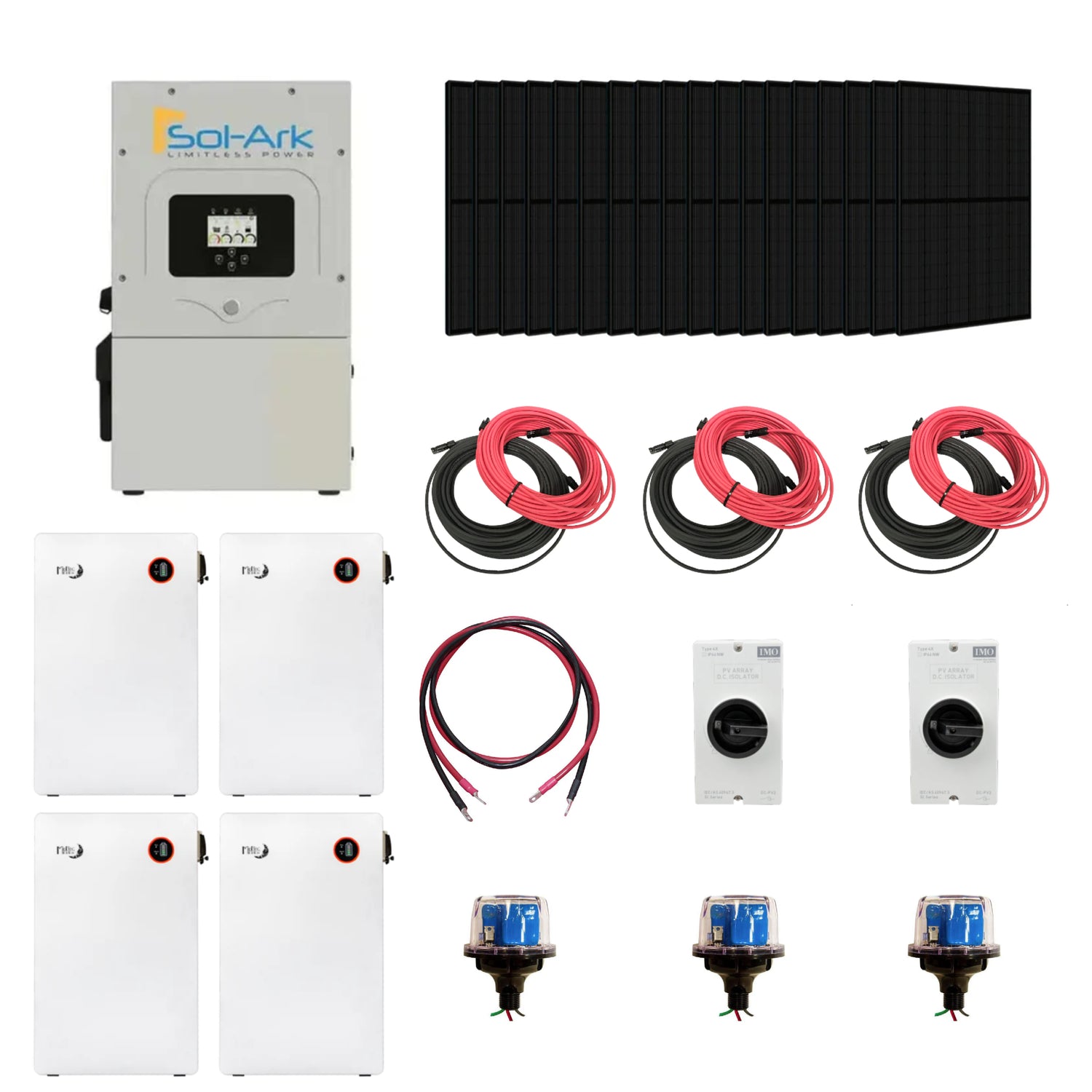 Complete Hybrid Solar Kit, with solar panel system with inverters, cables, and connectors on a white background