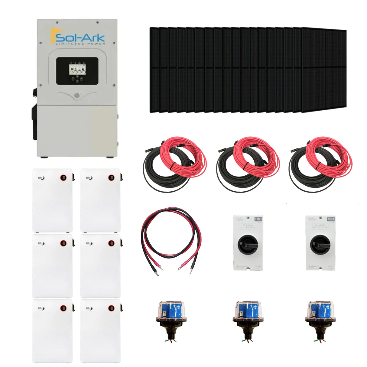 Complete Hybrid Solar Kit, with solar panel system with inverters, cables, and connectors on a white background