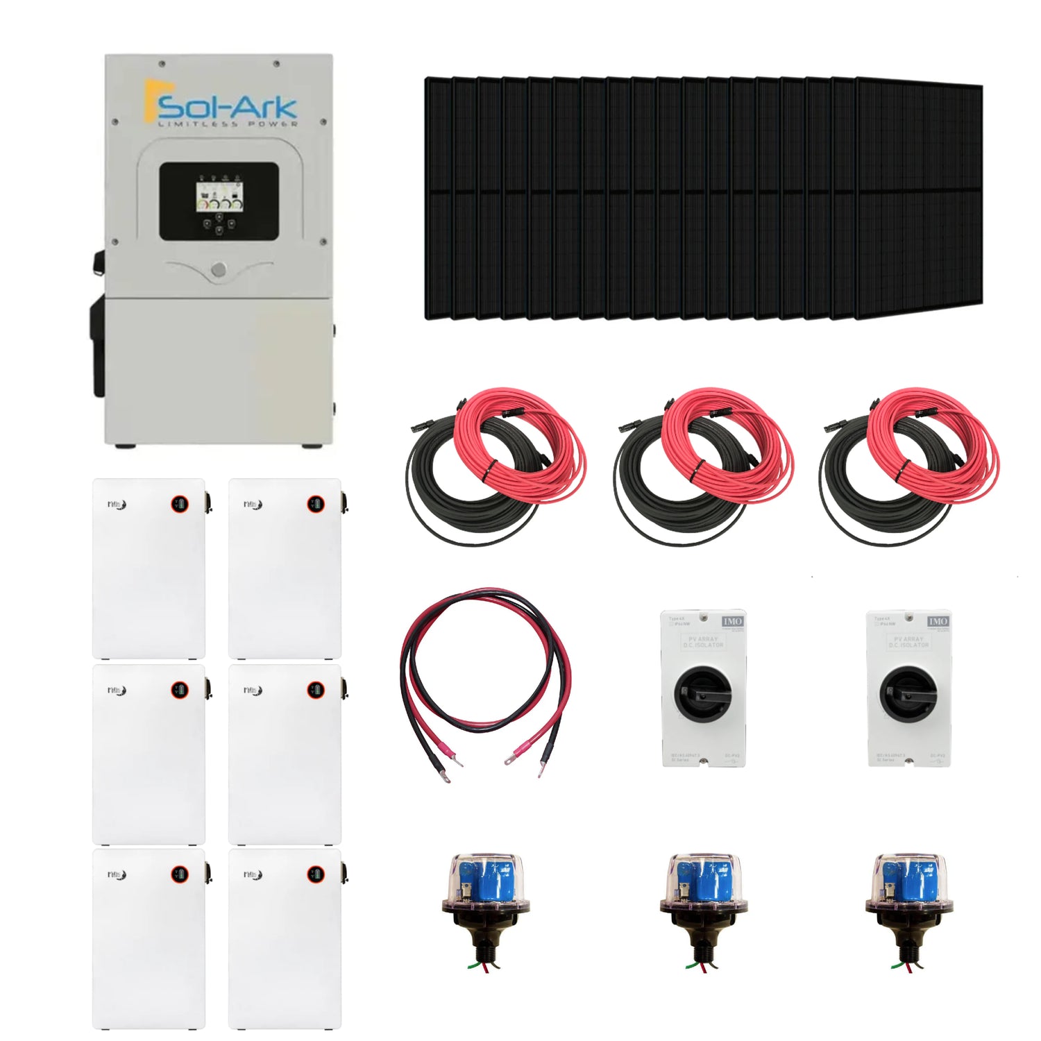 Complete Hybrid Solar Kit, with solar panel system with inverters, cables, and connectors on a white background