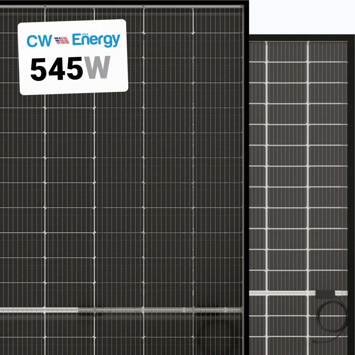A black monocrystalline silicon bifacial solar panel with a sleek frame, featuring the CW Energy brand logo.