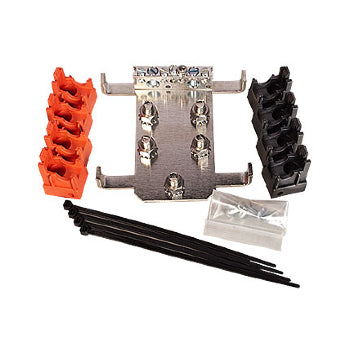 High-capacity busbar system for solar power systems including a main busbar with studs, auxiliary terminal blocks, and mounting hardware.