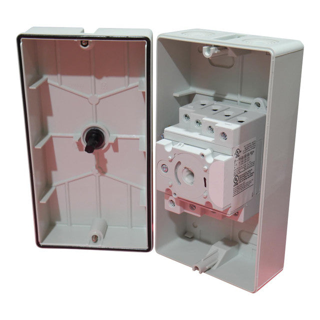 IMO DC disconnect rooftop isolator switch with a black handle, white body, and Type E2 label.