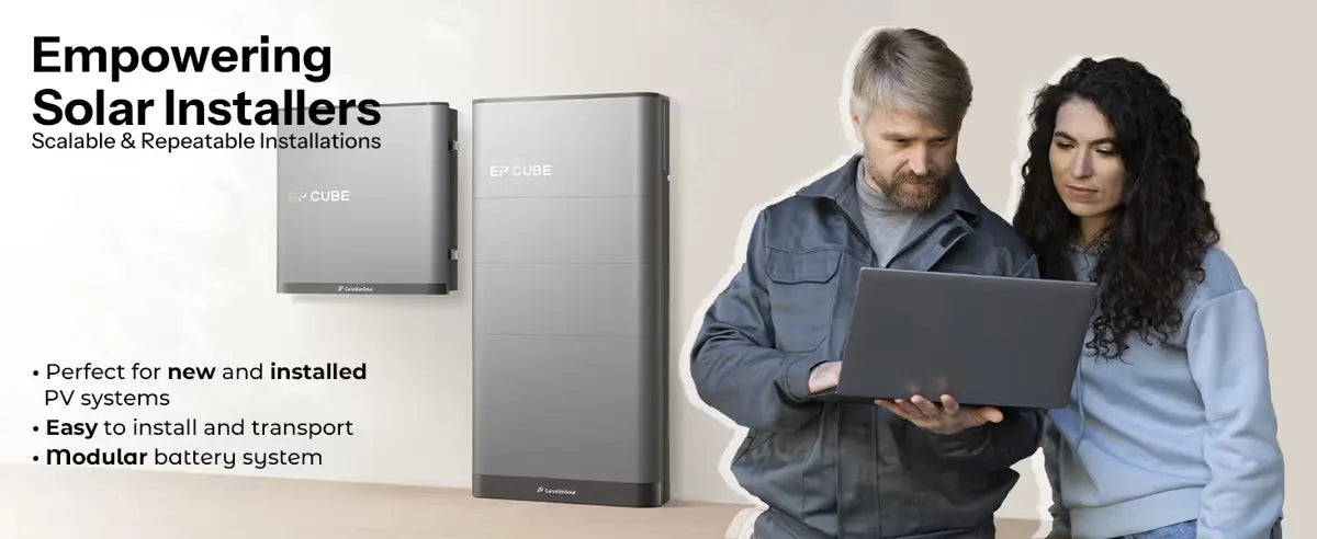 Canadian Solar EP Cube featuring a man and a woman looking at a laptop