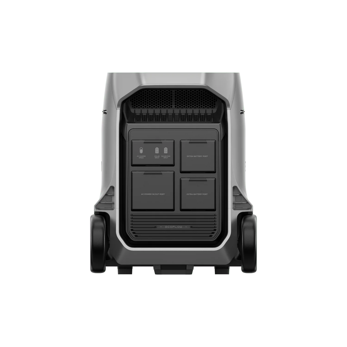 EcoFlow DELTA Pro 3 portable power station, rear view with covered ports, cooling vents, and integrated wheels.