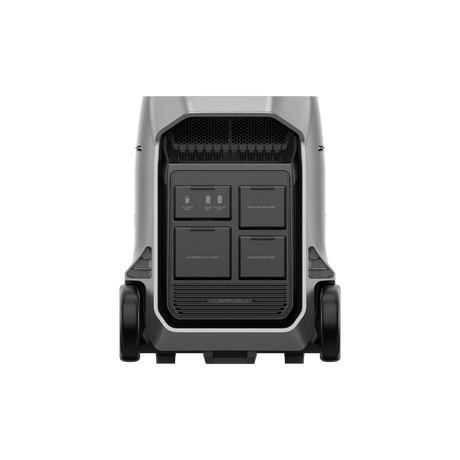 EcoFlow DELTA Pro 3 portable power station, rear view with covered ports, cooling vents, and integrated wheels.