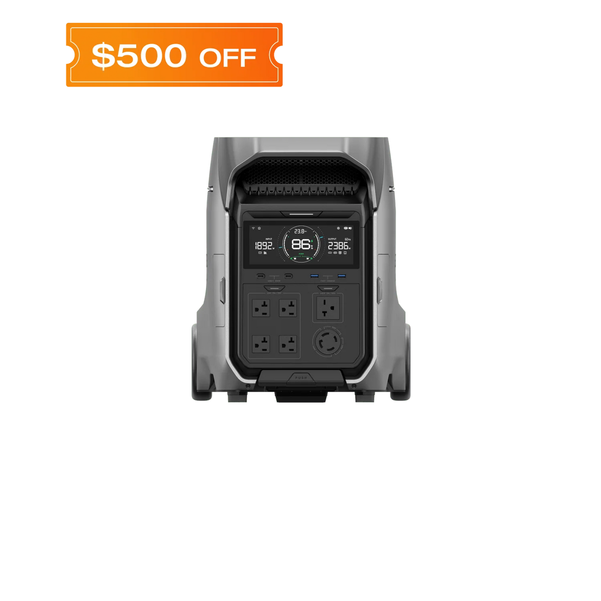 EcoFlow DELTA Pro 3 portable power station front view with display, AC outlets, 30A socket, USB ports, and wheels.