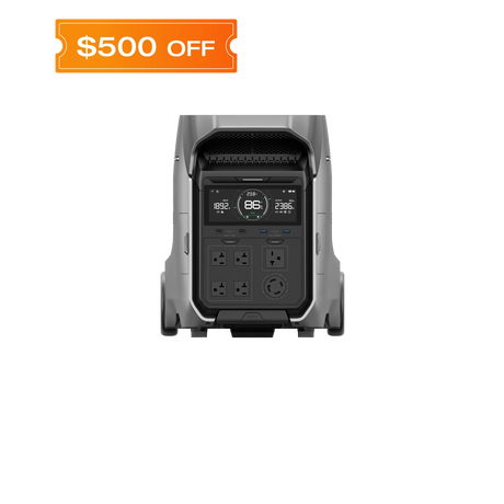 EcoFlow DELTA Pro 3 portable power station front view with display, AC outlets, 30A socket, USB ports, and wheels.
