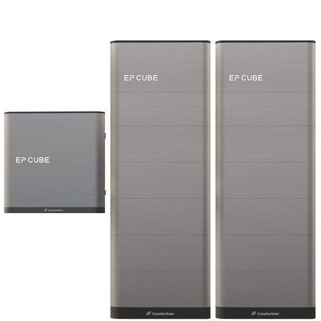 An image showcasing the Canadian Solar EP Cube Energy Storage System, featuring various configurations of the battery and hybrid inverter modules.