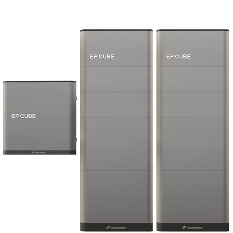 An image showcasing the Canadian Solar EP Cube Energy Storage System, featuring various configurations of the battery and hybrid inverter modules.