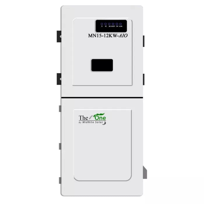 A front view of the MidNite Solar 'TheOne' MN 15-12KW-AIO Hybrid Inverter featuring a digital display and branding on the front casing.