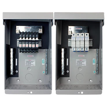 Two views of a MidNite Solar MNPV6 Combiner Enclosure, one showing the front with PV breakers and the other showing the side, with gray aluminum construction.