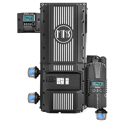 A black Midnite Solar Rosie 48V Pre-Wired Solar Kit with visible components and branding on the front panel, including surge protection devices.