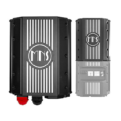 Two views of a black Midnite Solar Rosie inverter, one showing the front panel with logo and one showing the side view with ports and connectors.