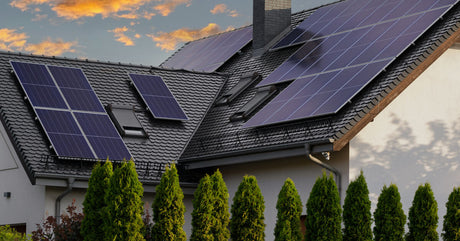 A close-up of a large single-family home with solar panels on the roof. The sunset reflects off the clouds above the house.