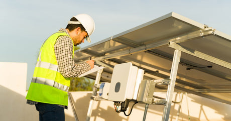A man in a hard hat and yellow hi-vis vest writes on a clipboard. He stands next to a solar inverter.