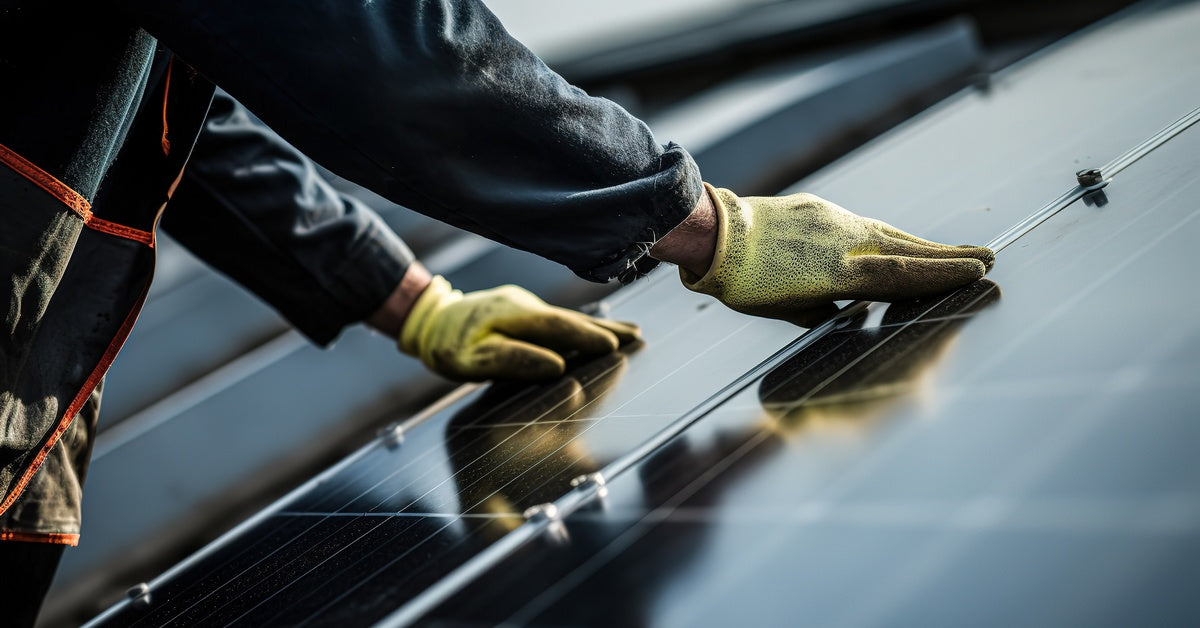 A person in heavy-duty work clothes and yellow gloves carefully places a solar panel at an angle on a roof.