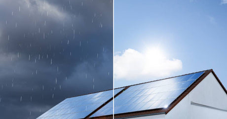 A split view of a home's split roof that’s fitted with solar panels. Rain is on the left; sun is on the right.