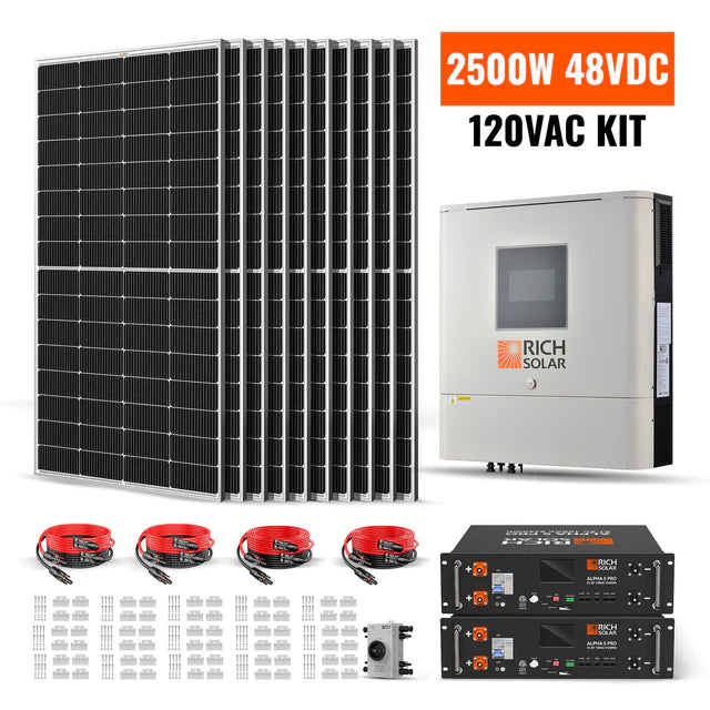 Rich Solar Off-Grid Solar Cabin Kit Expanded | 10.24 kWh LiFePO4 Battery Storage | 6500W 120VAC Inverter | 2500W Solar PV
