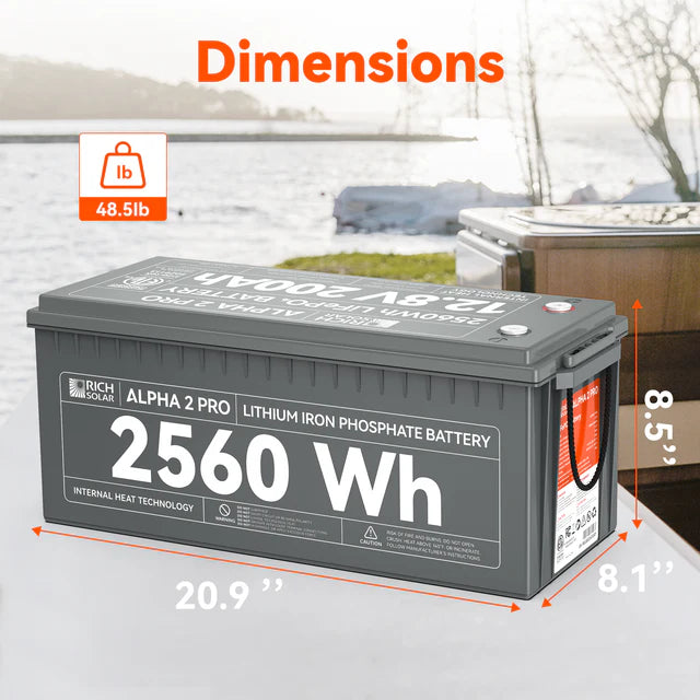 Rich Solar ALPHA 2 PRO | 12V 200Ah LiFePO4 Battery |  Off-Grid, RVs, Boats | 7,000 Lifetime Cycles | 10-Year Warranty | UL1973 Certified | Internal Heating + Bluetooth Monitoring
