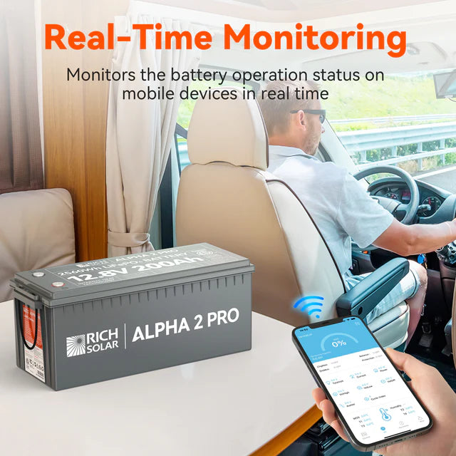 Rich Solar ALPHA 2 PRO | 12V 200Ah LiFePO4 Battery |  Off-Grid, RVs, Boats | 7,000 Lifetime Cycles | 10-Year Warranty | UL1973 Certified | Internal Heating + Bluetooth Monitoring