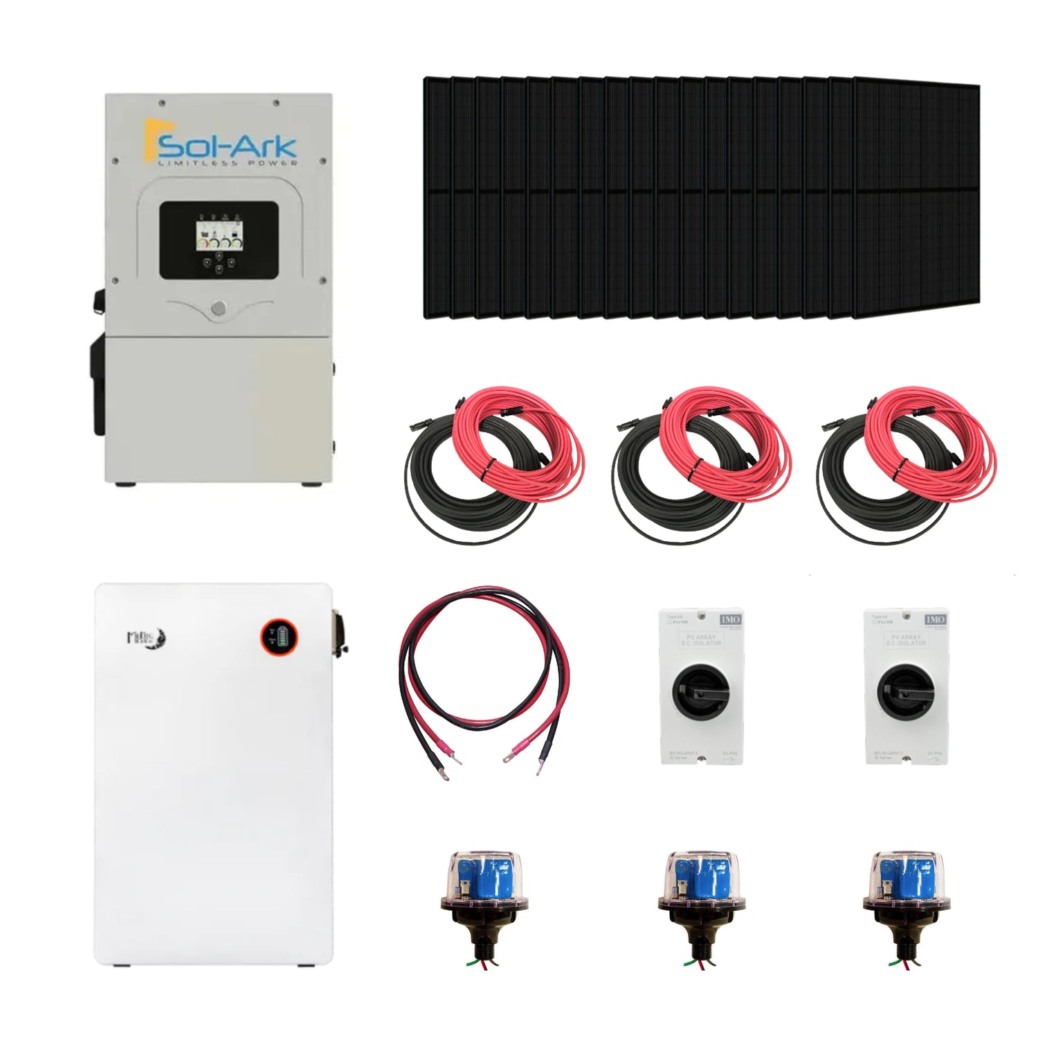 Complete Hybrid Solar Kit, with solar panel system with inverters, cables, and connectors on a white background