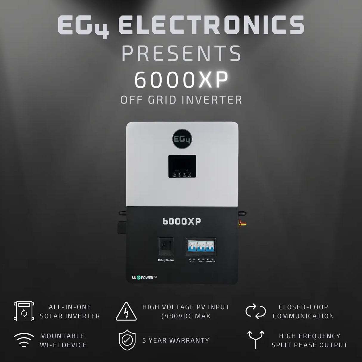 EG4 6000XP Off-Grid Inverter | 8000W PV Input | 6000W Output | 480V VOC Input | 48V 120/240V Split Phase | All-In-One Solar Inverter