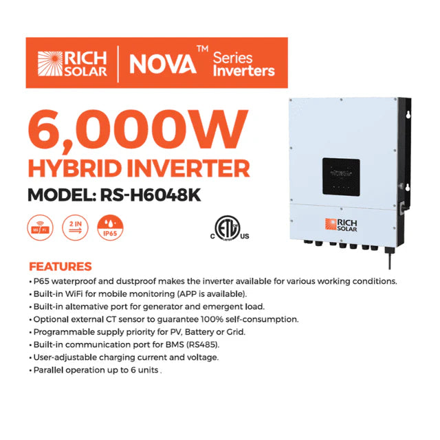 Rich Solar NOVA 8K Hybrid Inverter | 7500W PV Input | 6000W Output | 600V VOC Input | 48V 120/240V Split Phase | All-In-One Solar Inverter